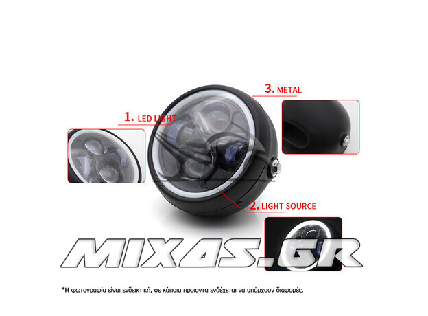 ΦΑΝΑΡΙ ΕΜΠΡΟΣ ΣΤΡΟΓΓΥΛΟ UNIVERSAL ANGEL EYES RETRO STYLE 5.75inch 12v LED ΜΑΥΡΟ MS-PARTS